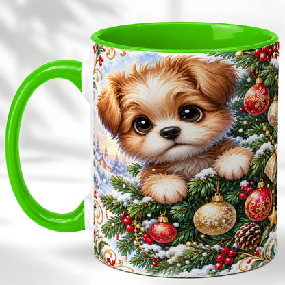 #pl[11oz|Green] Christmas Puppy Coffee Mug, Festive Dog Mug, Ceramic Cup