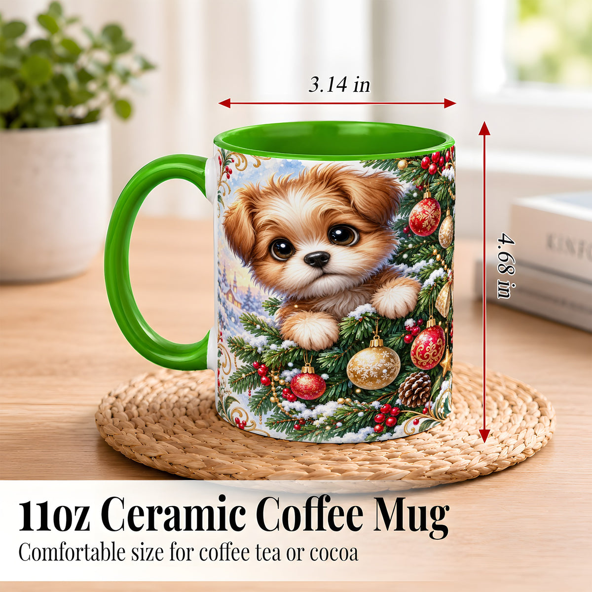 #pl[11oz|Green] Christmas Puppy Coffee Mug, Festive Dog Mug, Ceramic Cup