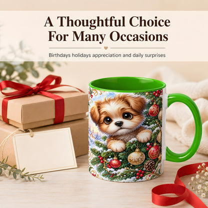 #pl[11oz|Green] Christmas Puppy Coffee Mug, Festive Dog Mug, Ceramic Cup