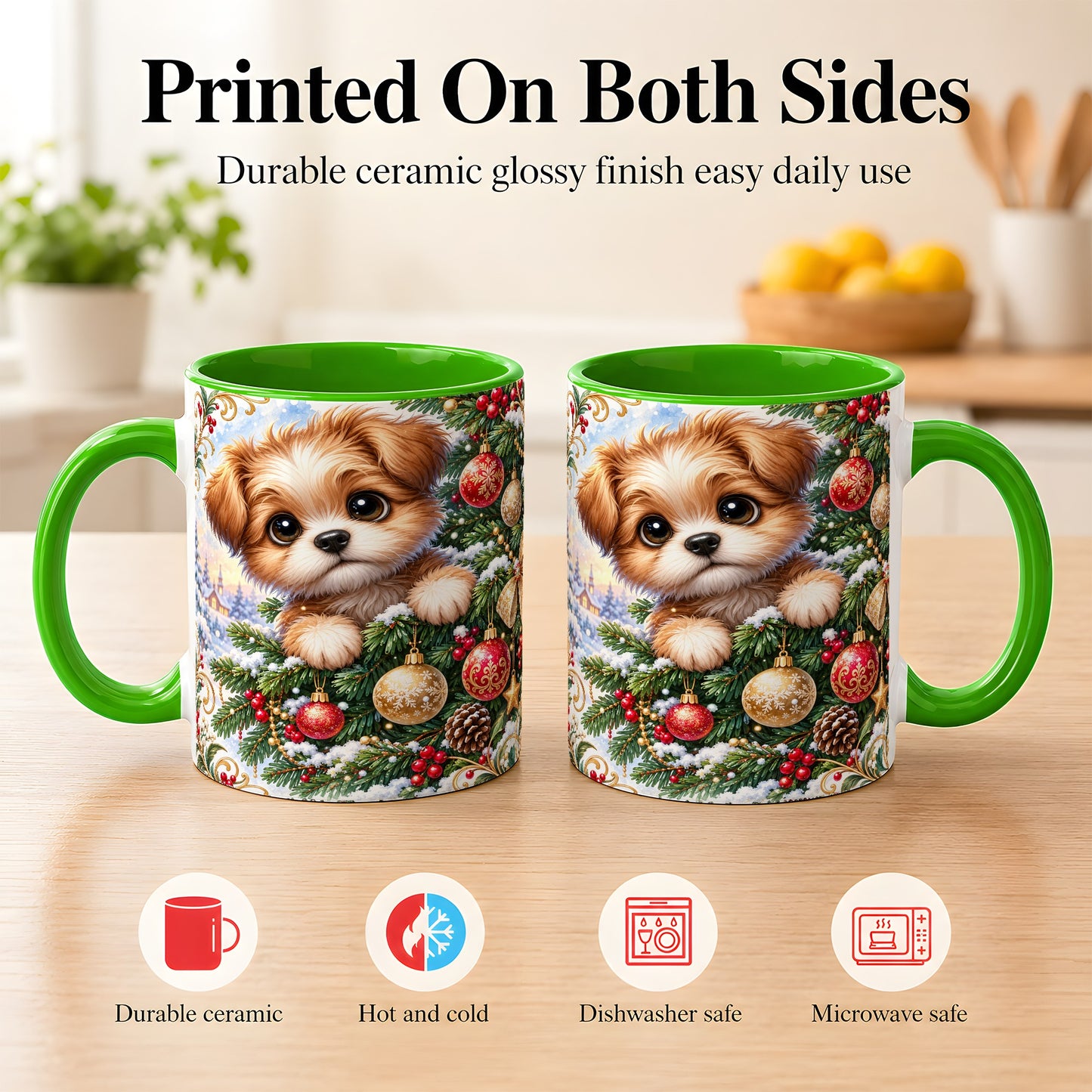 #pl[11oz|Green] Christmas Puppy Coffee Mug, Festive Dog Mug, Ceramic Cup