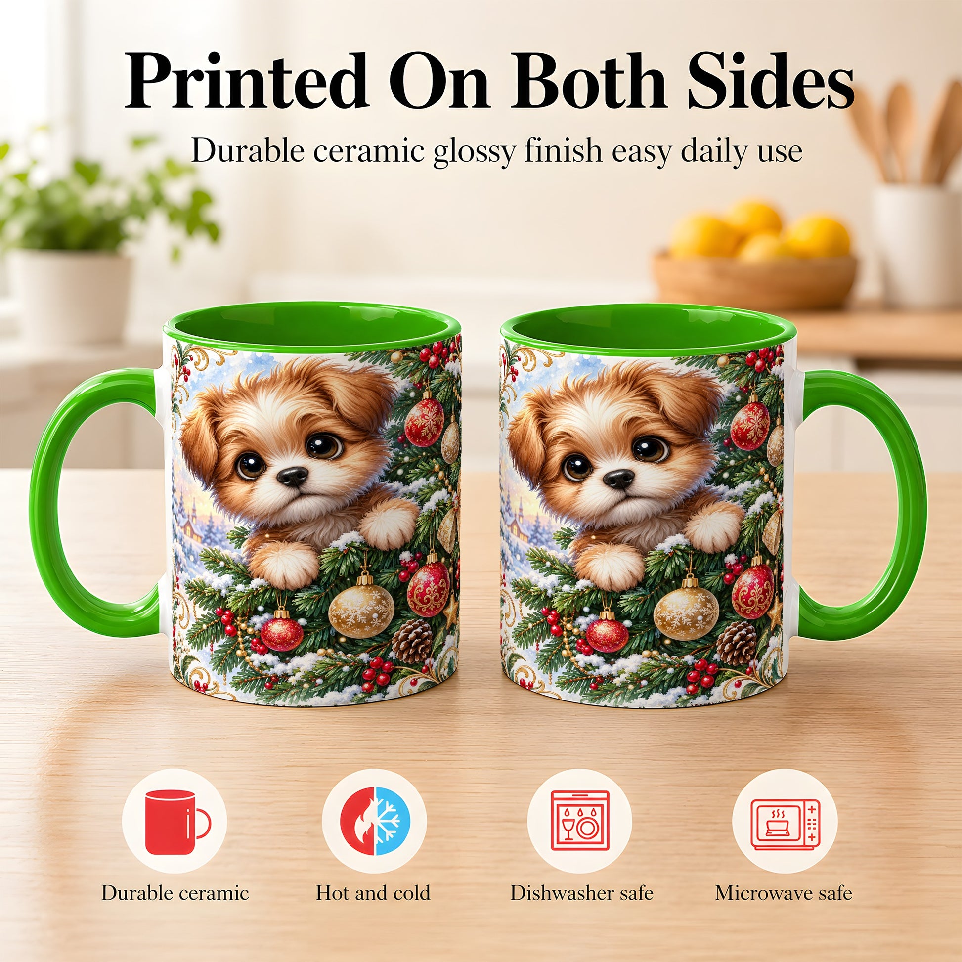 #pl[11oz|Green] Christmas Puppy Coffee Mug, Festive Dog Mug, Ceramic Cup