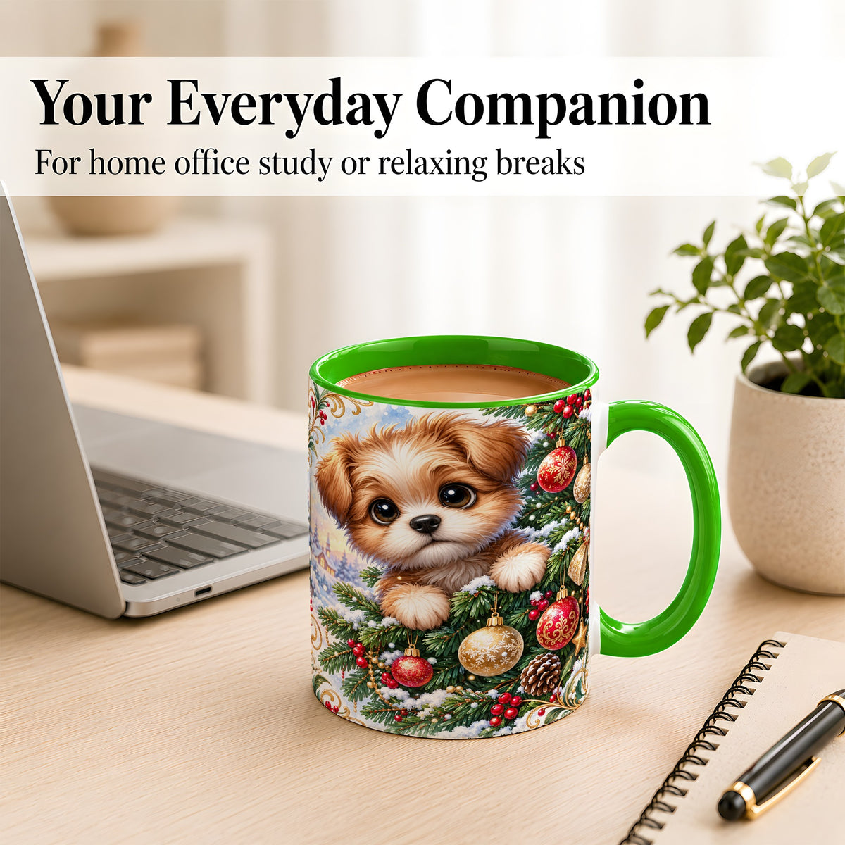 #pl[11oz|Green] Christmas Puppy Coffee Mug, Festive Dog Mug, Ceramic Cup
