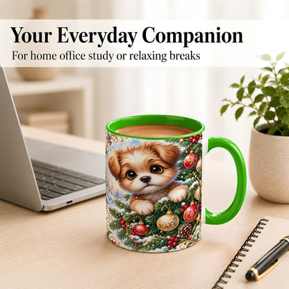 #pl[11oz|Green] Christmas Puppy Coffee Mug, Festive Dog Mug, Ceramic Cup