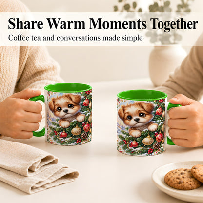 #pl[11oz|Green] Christmas Puppy Coffee Mug, Festive Dog Mug, Ceramic Cup