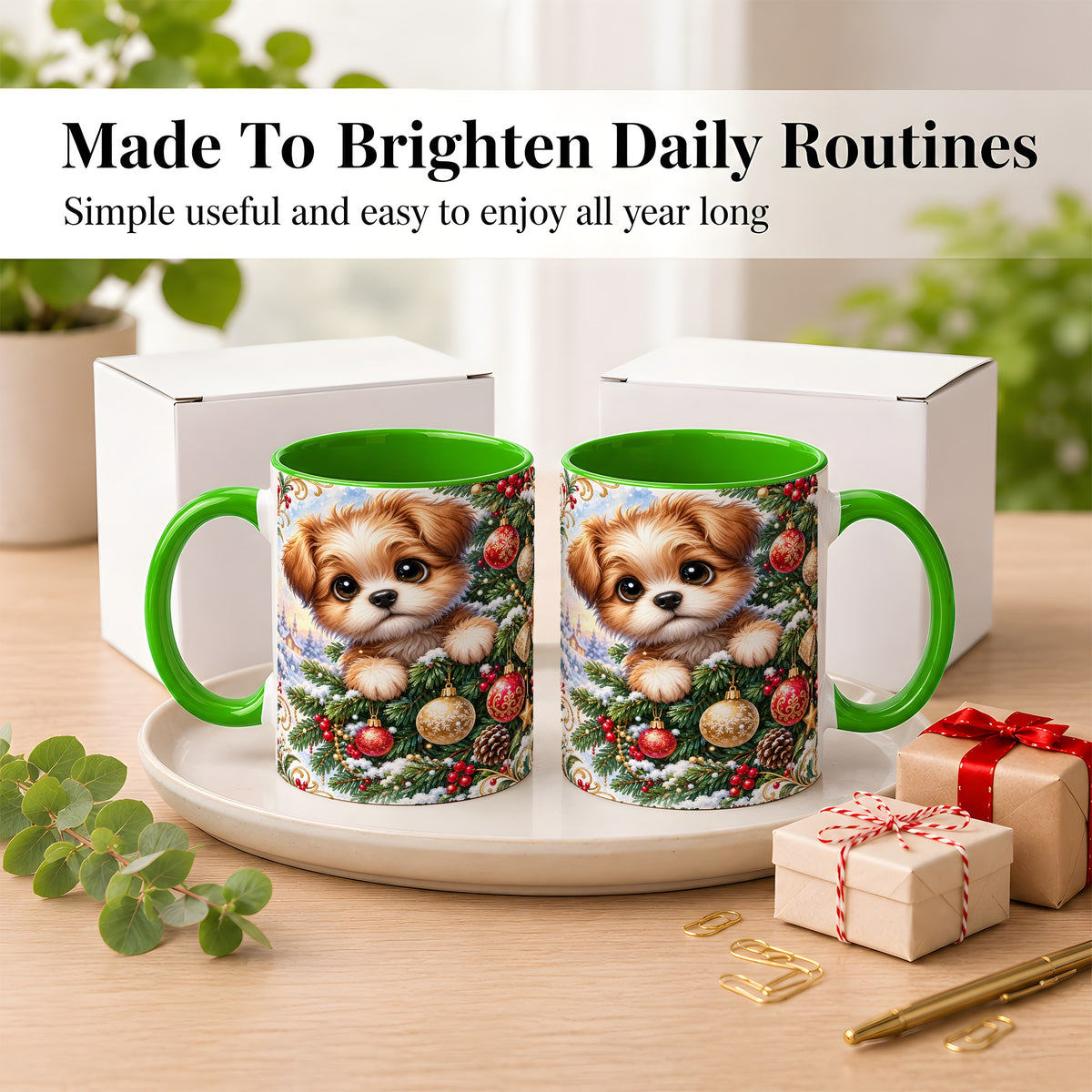 #pl[11oz|Green] Christmas Puppy Coffee Mug, Festive Dog Mug, Ceramic Cup