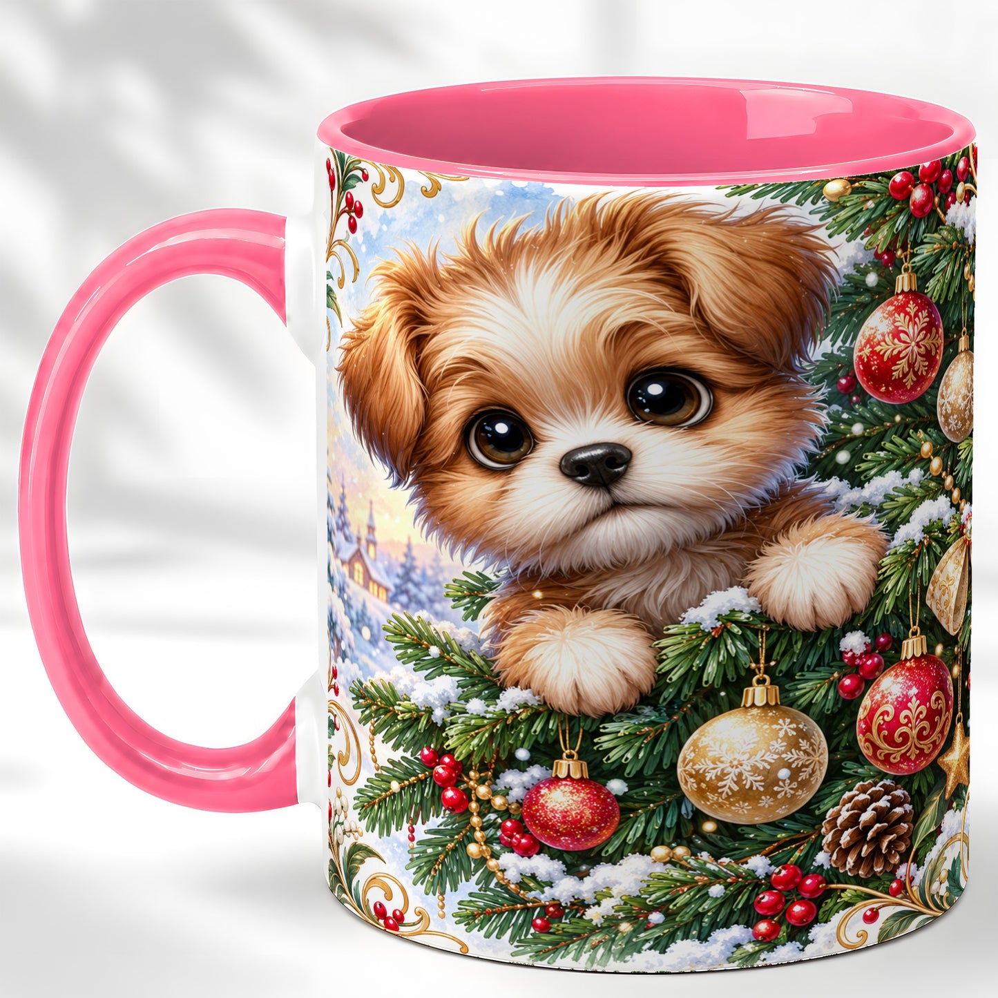 #pl[11oz|Pink] Christmas Puppy Coffee Mug, Festive Dog Mug, Ceramic Cup