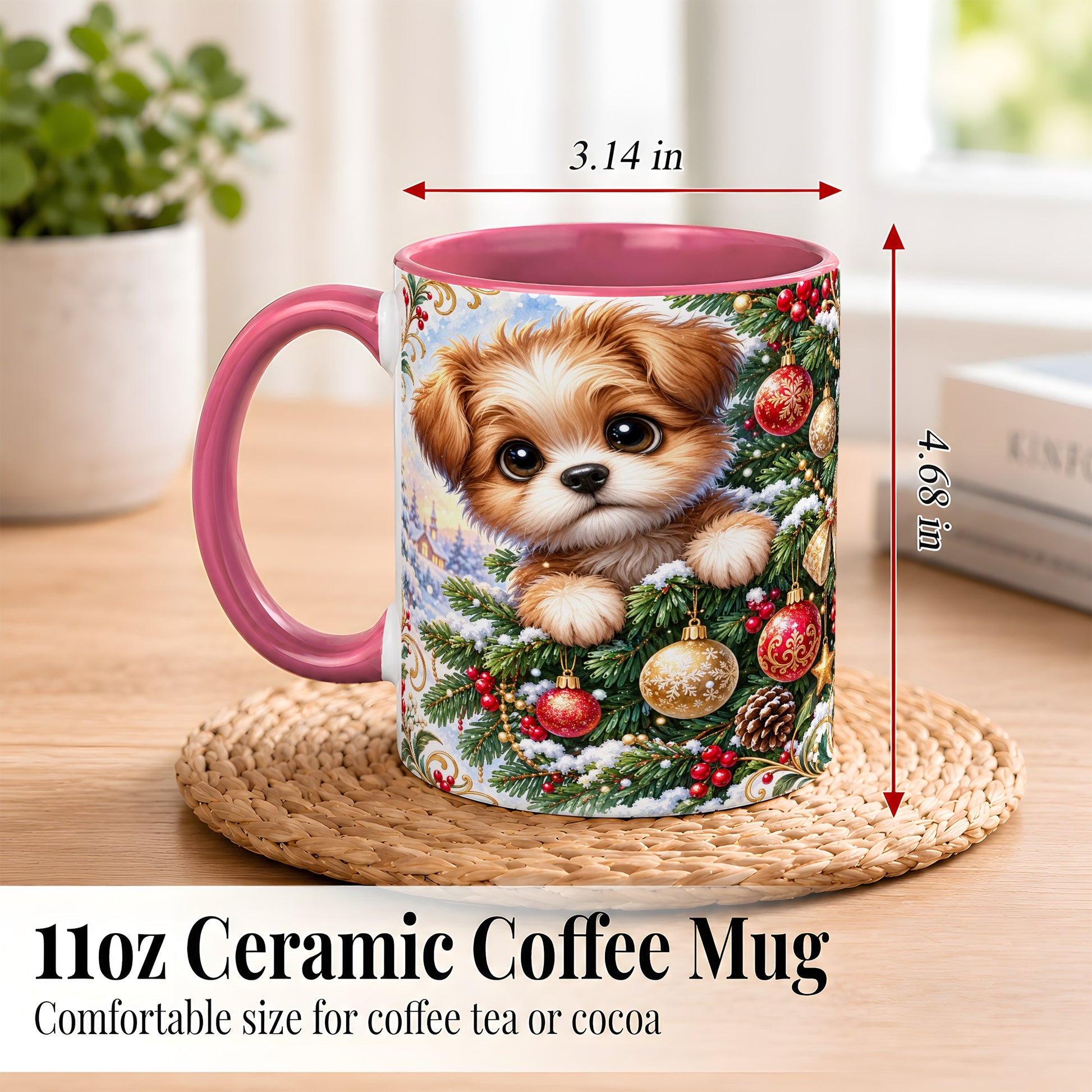#pl[11oz|Pink] Christmas Puppy Coffee Mug, Festive Dog Mug, Ceramic Cup