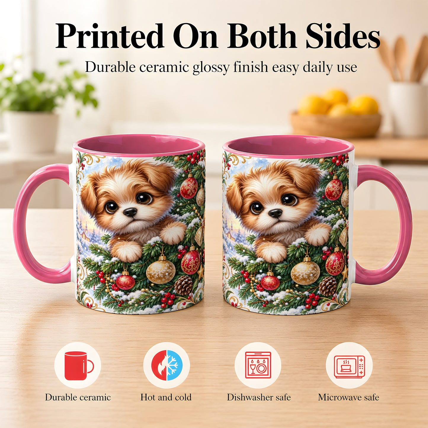 #pl[11oz|Pink] Christmas Puppy Coffee Mug, Festive Dog Mug, Ceramic Cup