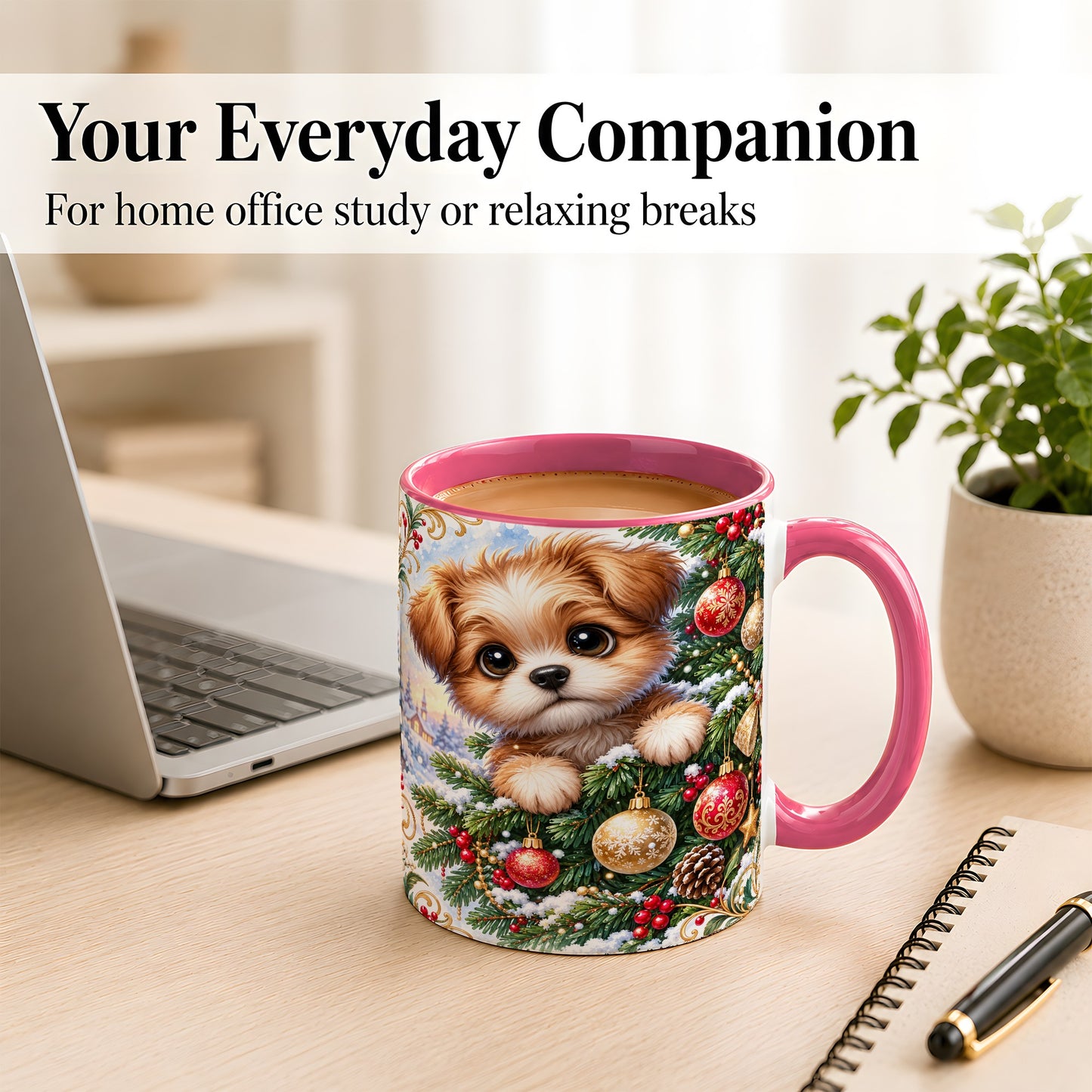 #pl[11oz|Pink] Christmas Puppy Coffee Mug, Festive Dog Mug, Ceramic Cup