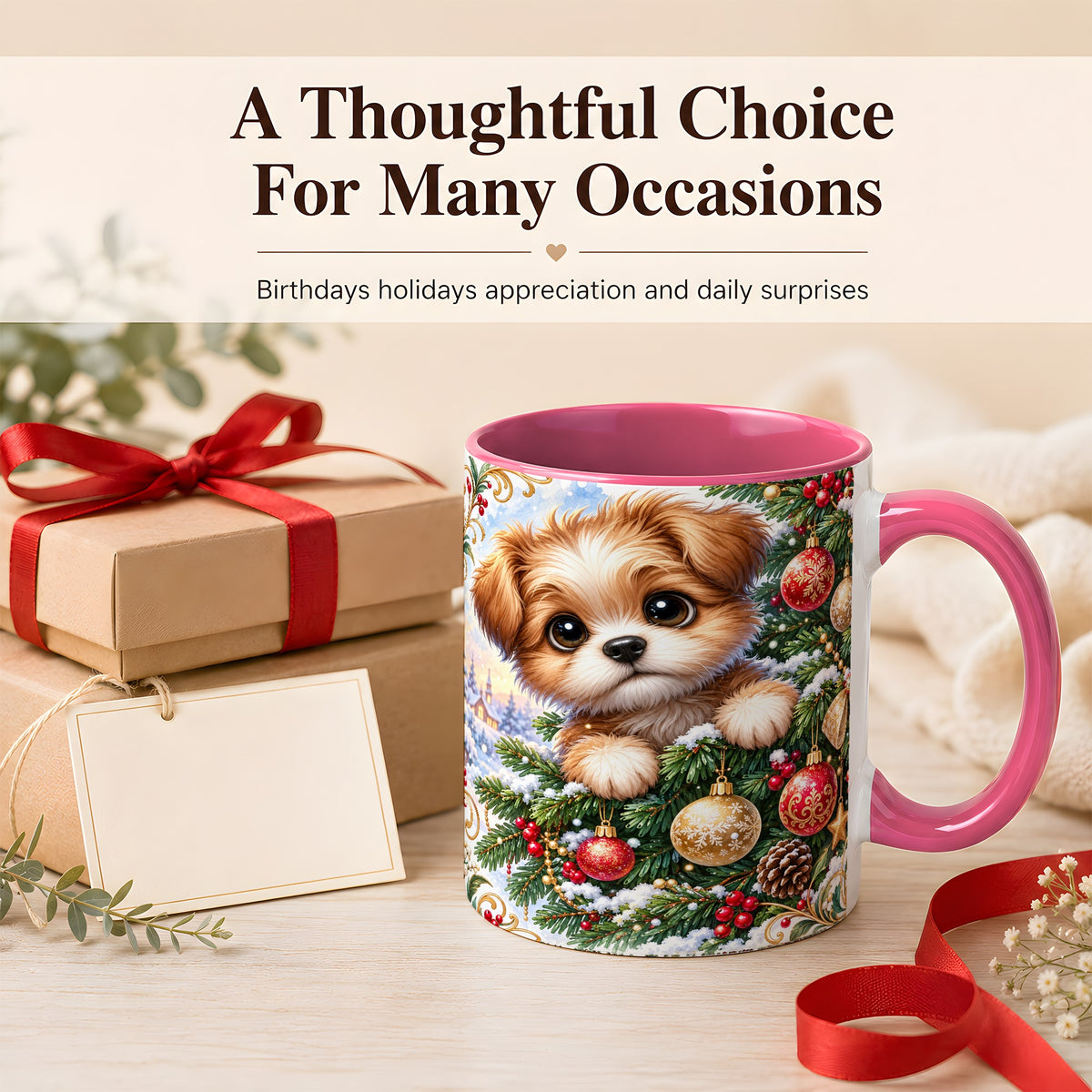 #pl[11oz|Pink] Christmas Puppy Coffee Mug, Festive Dog Mug, Ceramic Cup