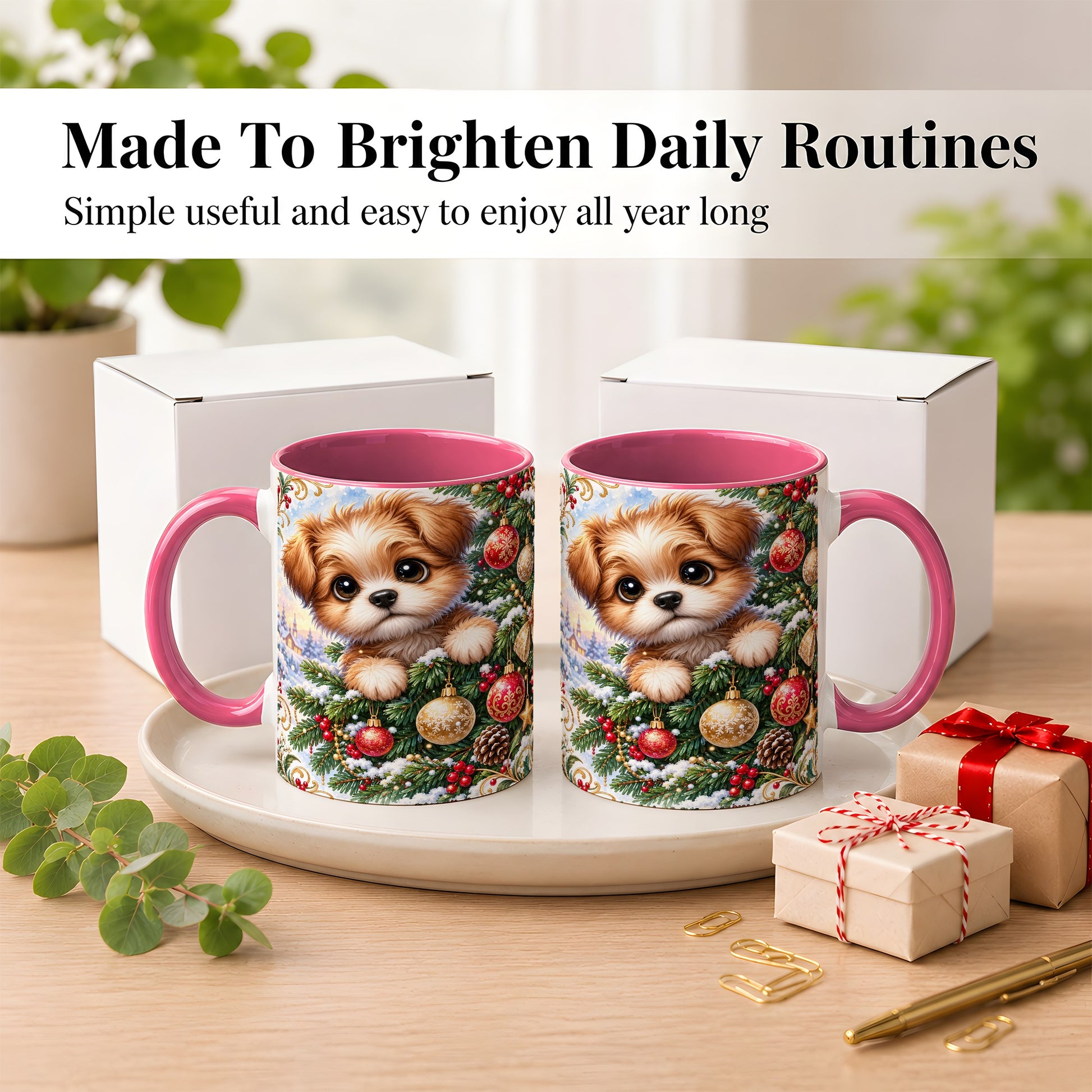 #pl[11oz|Pink] Christmas Puppy Coffee Mug, Festive Dog Mug, Ceramic Cup