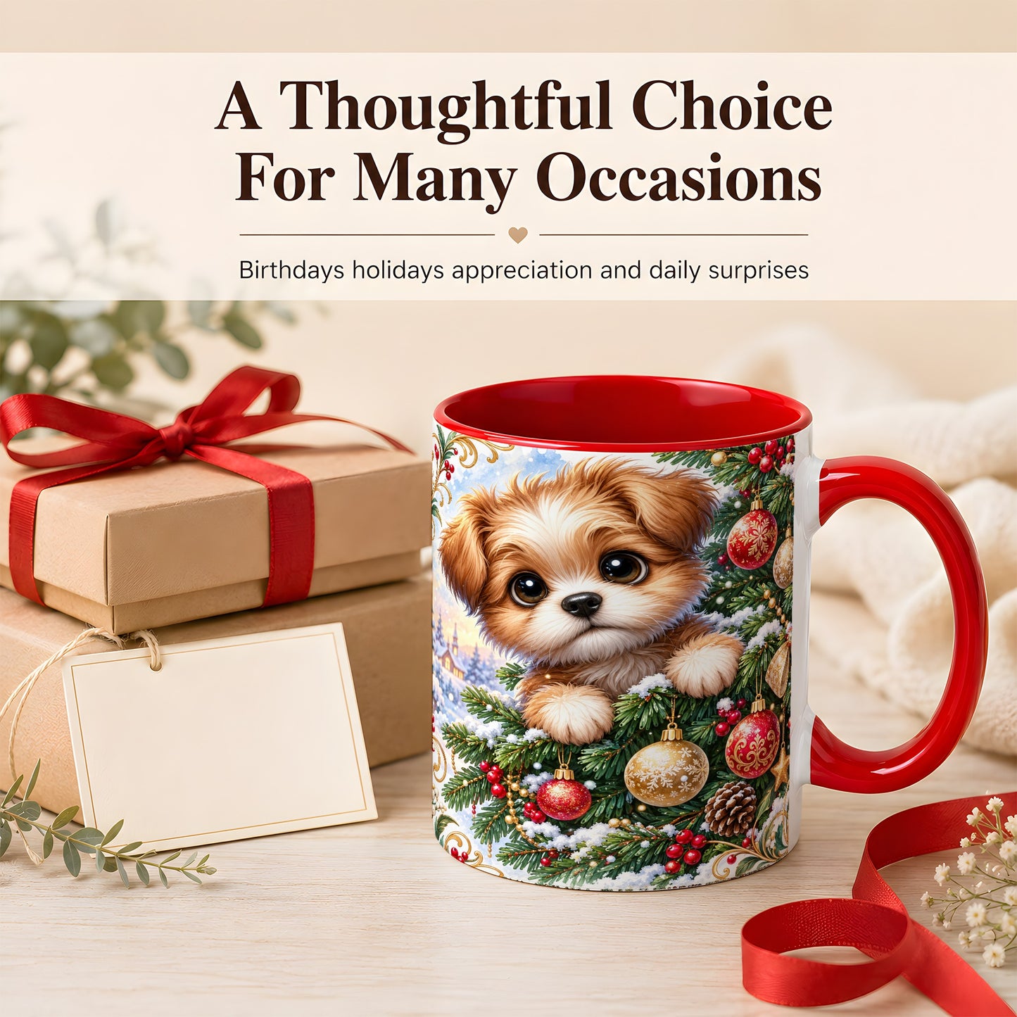 #pl[11oz|Red] Christmas Puppy Coffee Mug, Festive Dog Mug, Ceramic Cup
