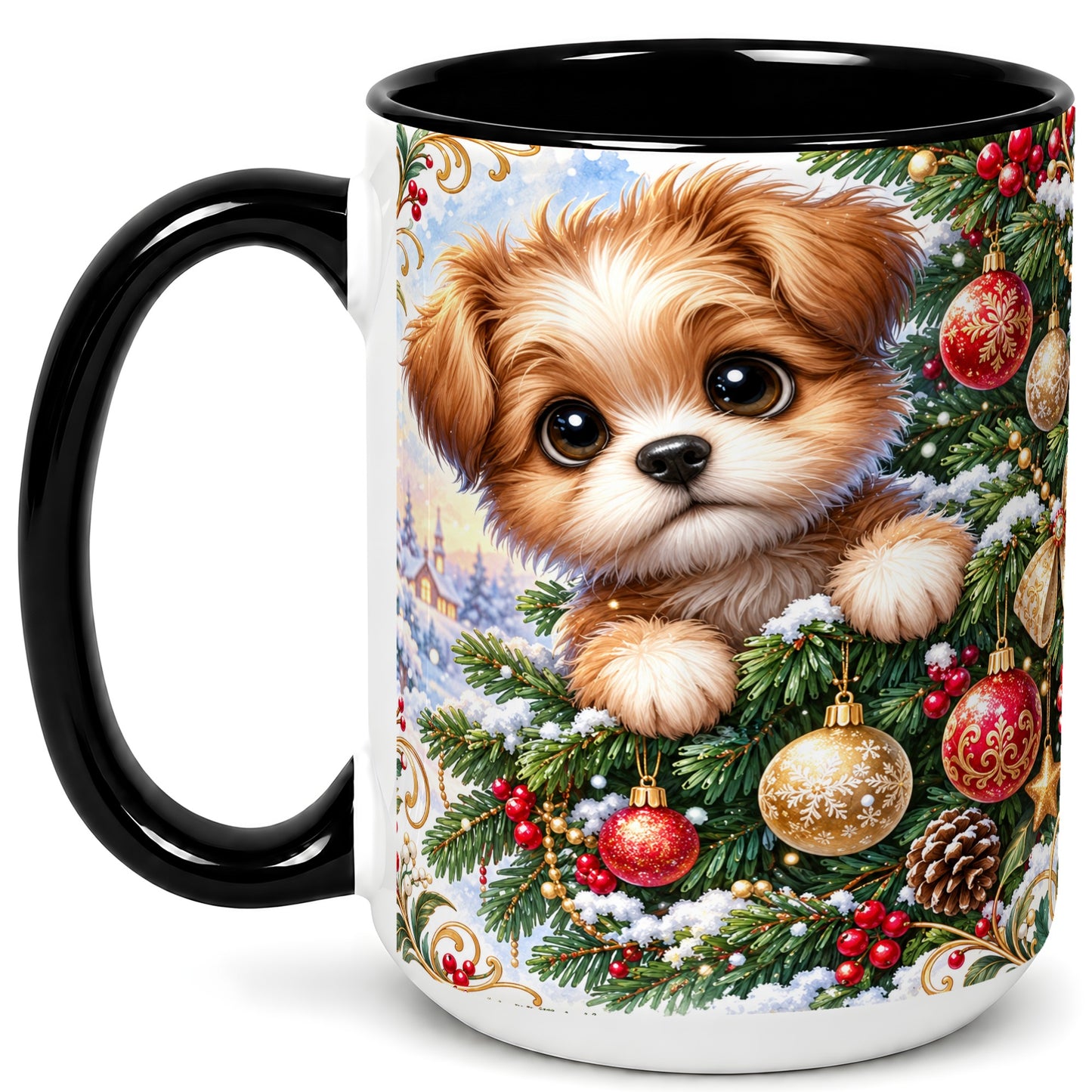 #pl[15oz|Black] Christmas Puppy Coffee Mug, Festive Dog Mug, Ceramic Cup