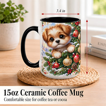 #pl[15oz|Black] Christmas Puppy Coffee Mug, Festive Dog Mug, Ceramic Cup