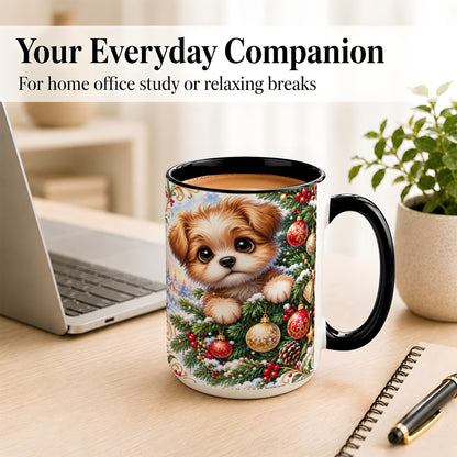 #pl[15oz|Black] Christmas Puppy Coffee Mug, Festive Dog Mug, Ceramic Cup