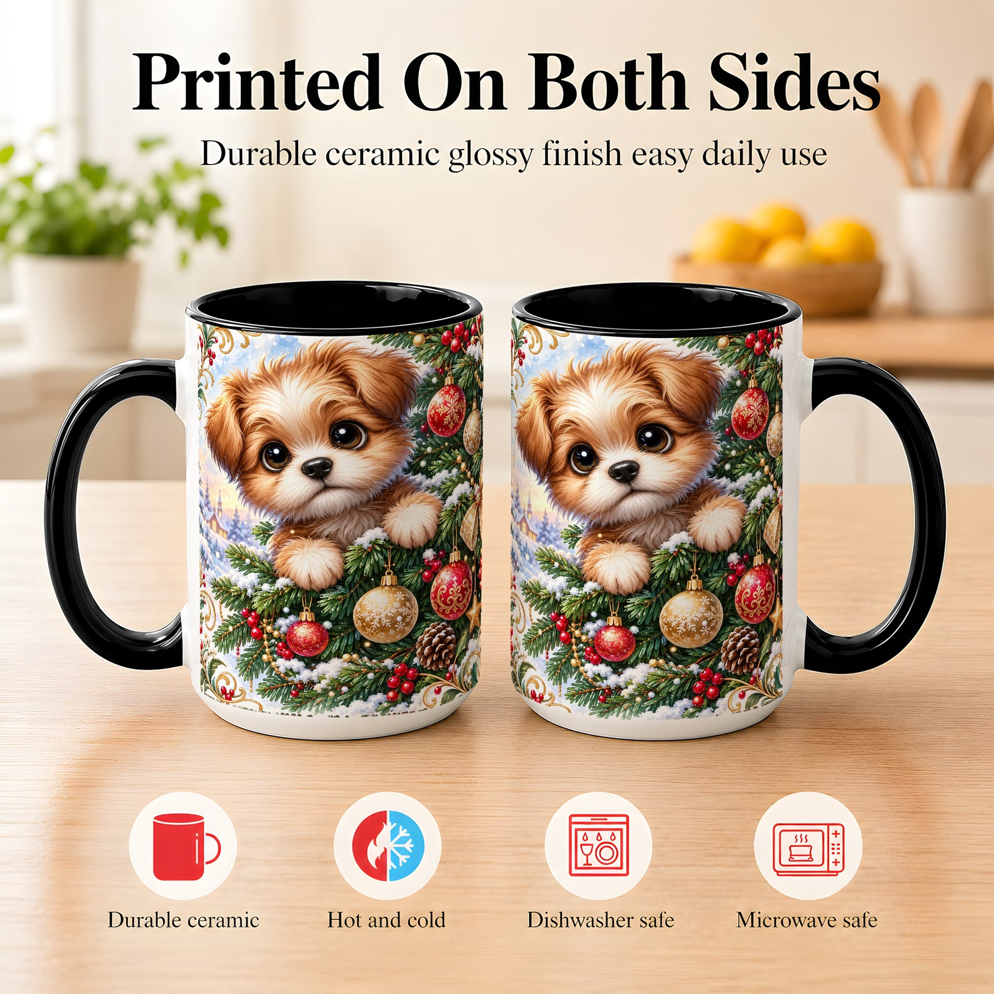 #pl[15oz|Black] Christmas Puppy Coffee Mug, Festive Dog Mug, Ceramic Cup