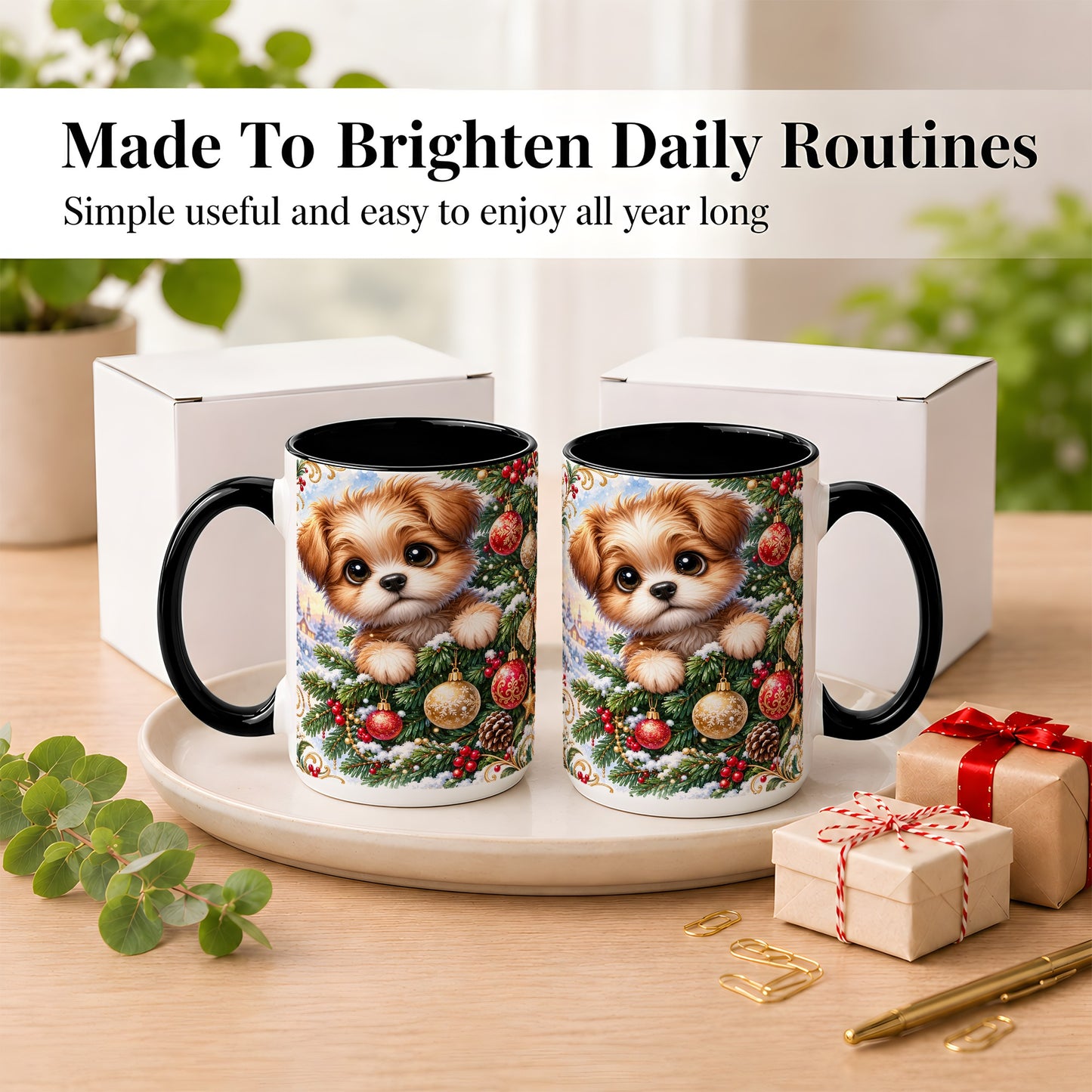 #pl[15oz|Black] Christmas Puppy Coffee Mug, Festive Dog Mug, Ceramic Cup