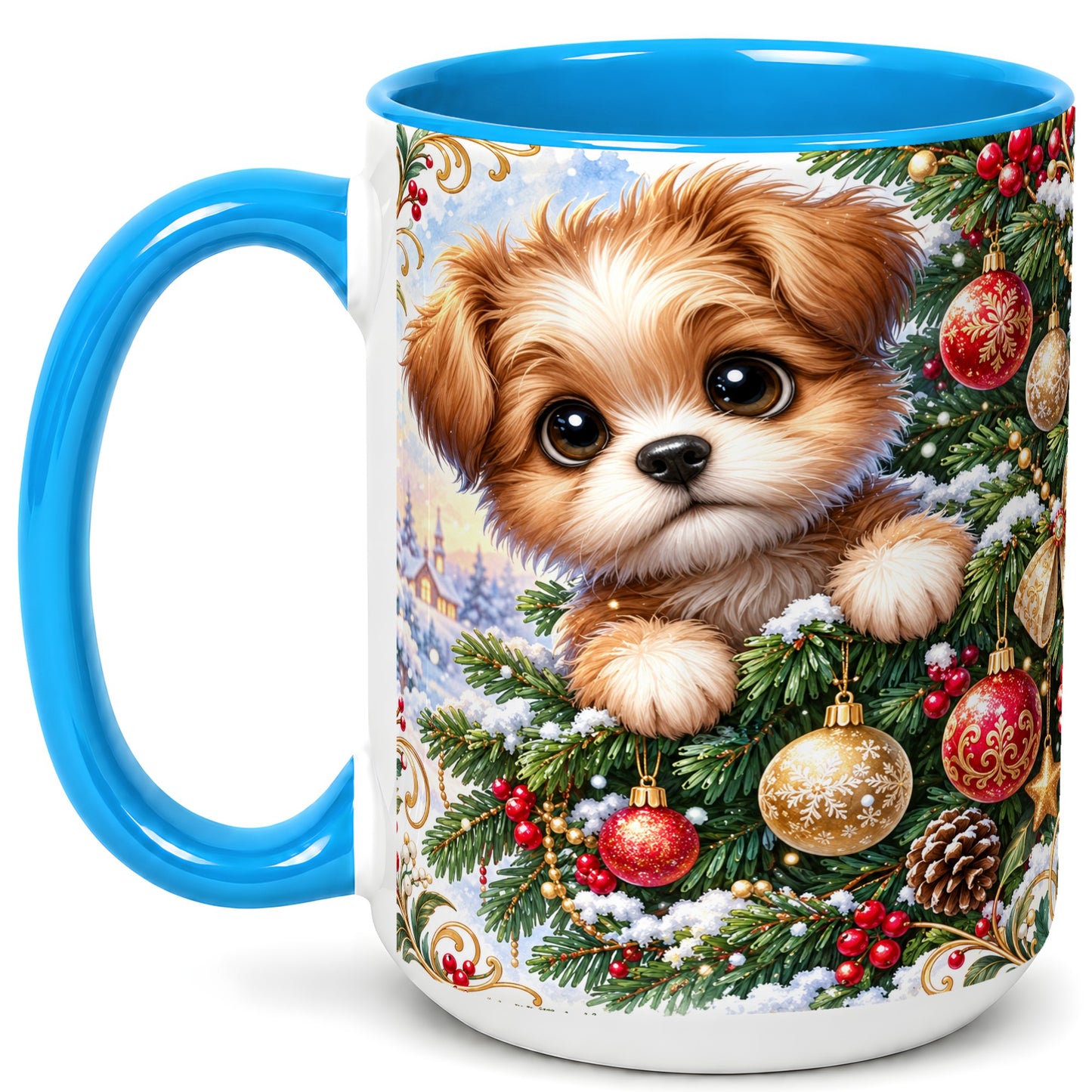 #pl[15oz|Blue] Christmas Puppy Coffee Mug, Festive Dog Mug, Ceramic Cup