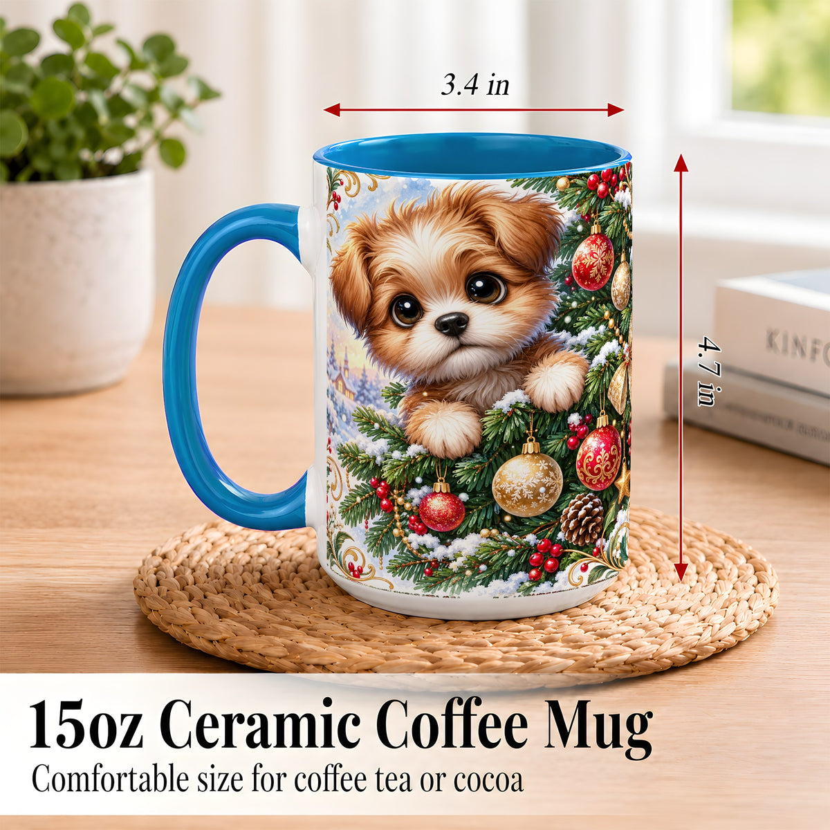 #pl[15oz|Blue] Christmas Puppy Coffee Mug, Festive Dog Mug, Ceramic Cup