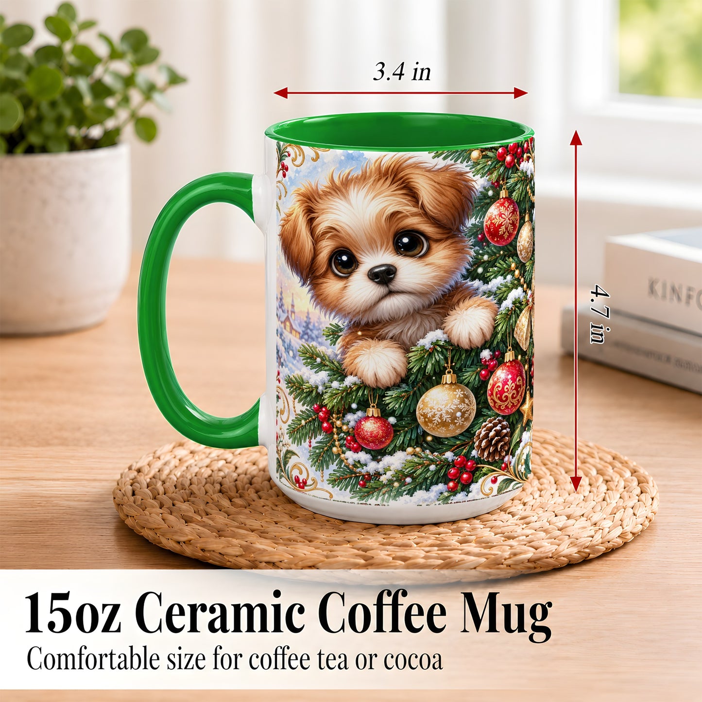 #pl[15oz|Green] Christmas Puppy Coffee Mug, Festive Dog Mug, Ceramic Cup