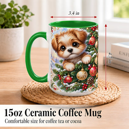 #pl[15oz|Green] Christmas Puppy Coffee Mug, Festive Dog Mug, Ceramic Cup