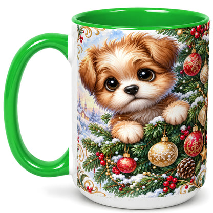 #pl[15oz|Green] Christmas Puppy Coffee Mug, Festive Dog Mug, Ceramic Cup