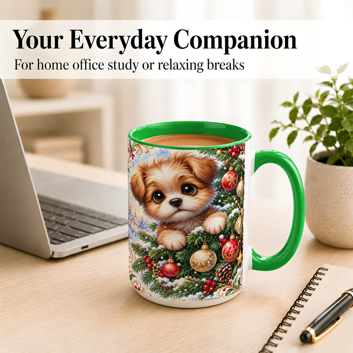 #pl[15oz|Green] Christmas Puppy Coffee Mug, Festive Dog Mug, Ceramic Cup
