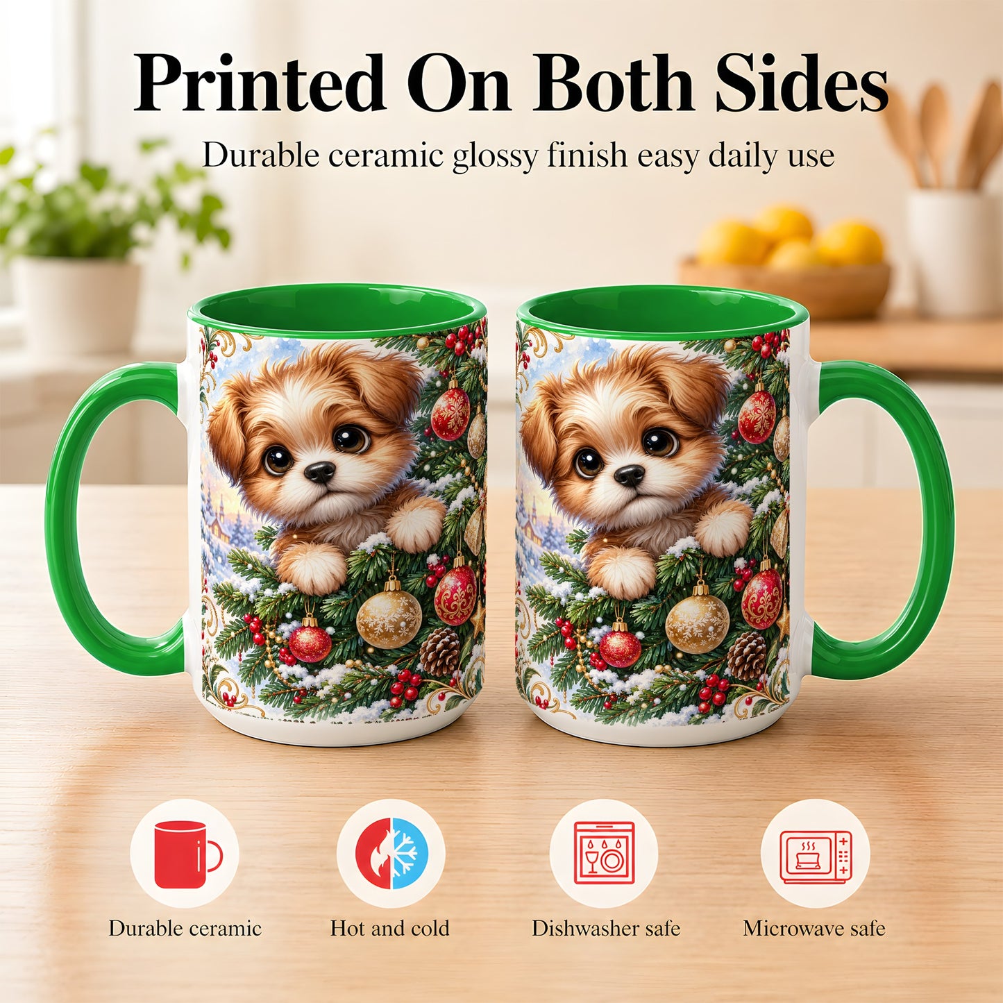 #pl[15oz|Green] Christmas Puppy Coffee Mug, Festive Dog Mug, Ceramic Cup