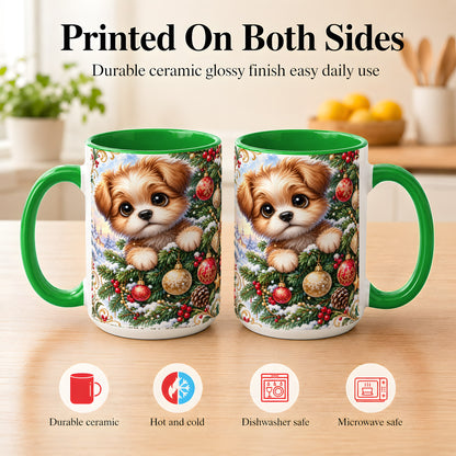 #pl[15oz|Green] Christmas Puppy Coffee Mug, Festive Dog Mug, Ceramic Cup