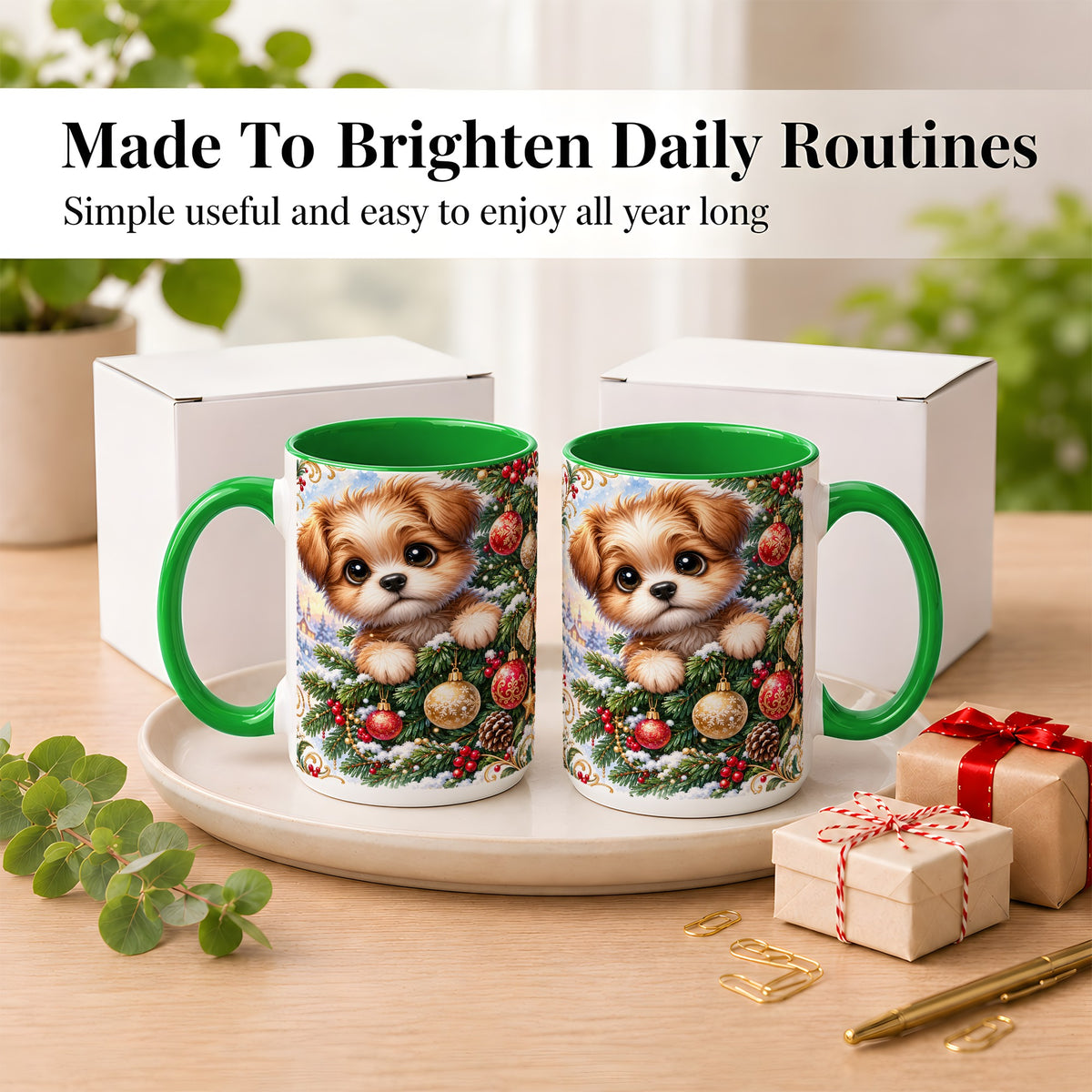 #pl[15oz|Green] Christmas Puppy Coffee Mug, Festive Dog Mug, Ceramic Cup