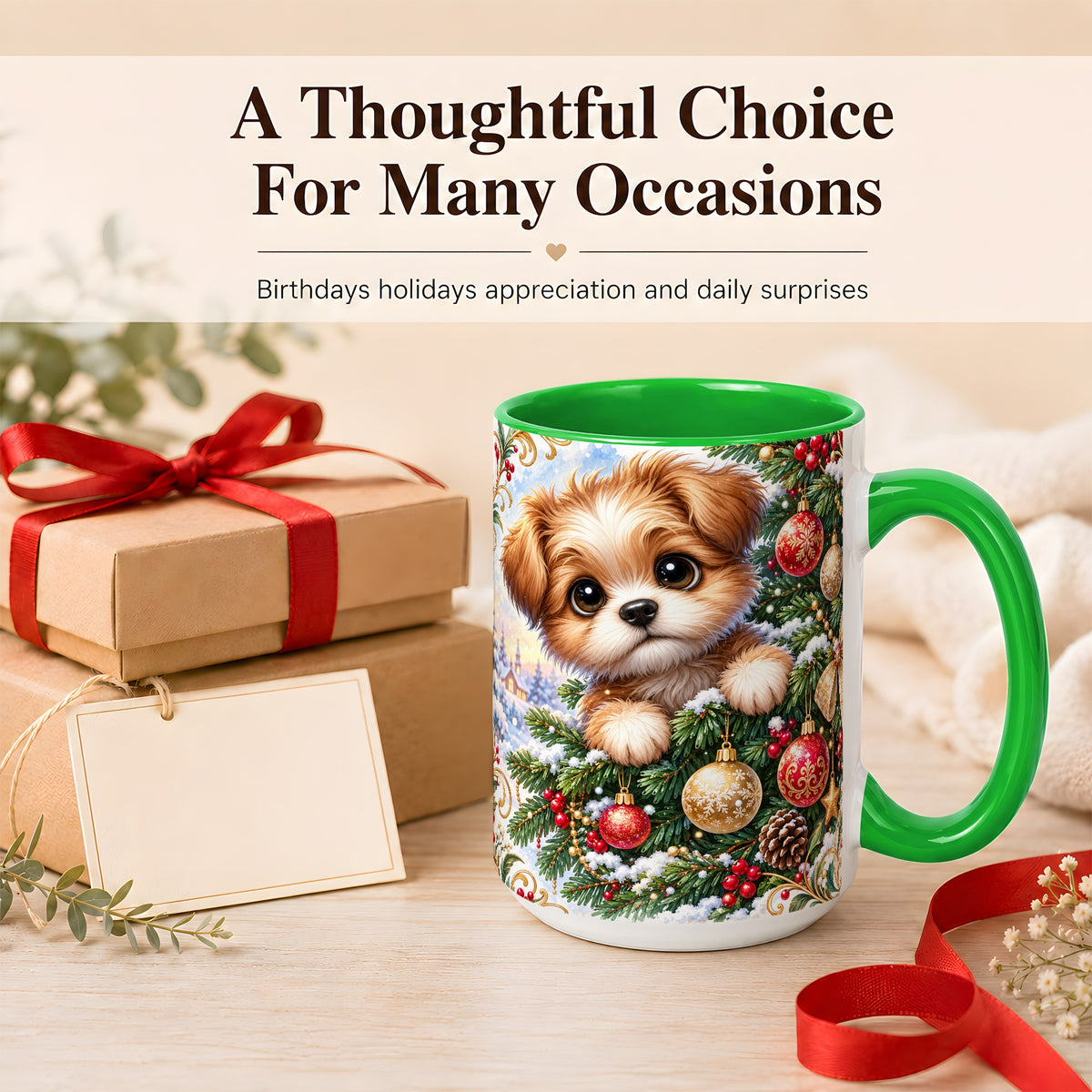 #pl[15oz|Green] Christmas Puppy Coffee Mug, Festive Dog Mug, Ceramic Cup