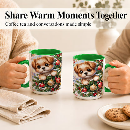 #pl[15oz|Green] Christmas Puppy Coffee Mug, Festive Dog Mug, Ceramic Cup