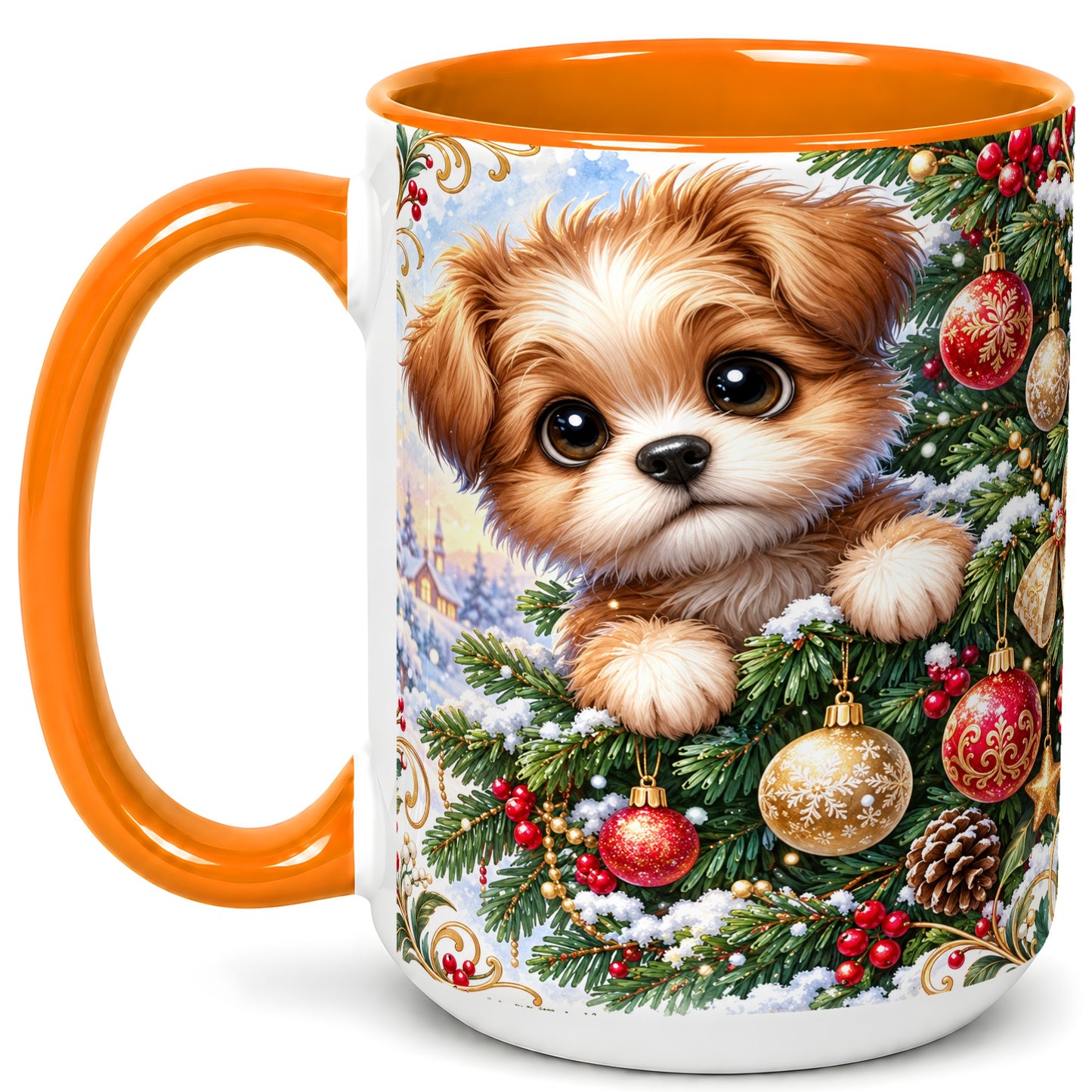 #pl[15oz|Orange] Christmas Puppy Coffee Mug, Festive Dog Mug, Ceramic Cup
