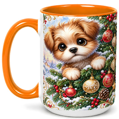 #pl[15oz|Orange] Christmas Puppy Coffee Mug, Festive Dog Mug, Ceramic Cup
