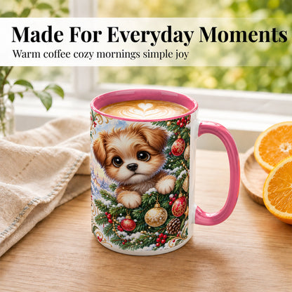 #pl[15oz|Pink] Christmas Puppy Coffee Mug, Festive Dog Mug, Ceramic Cup