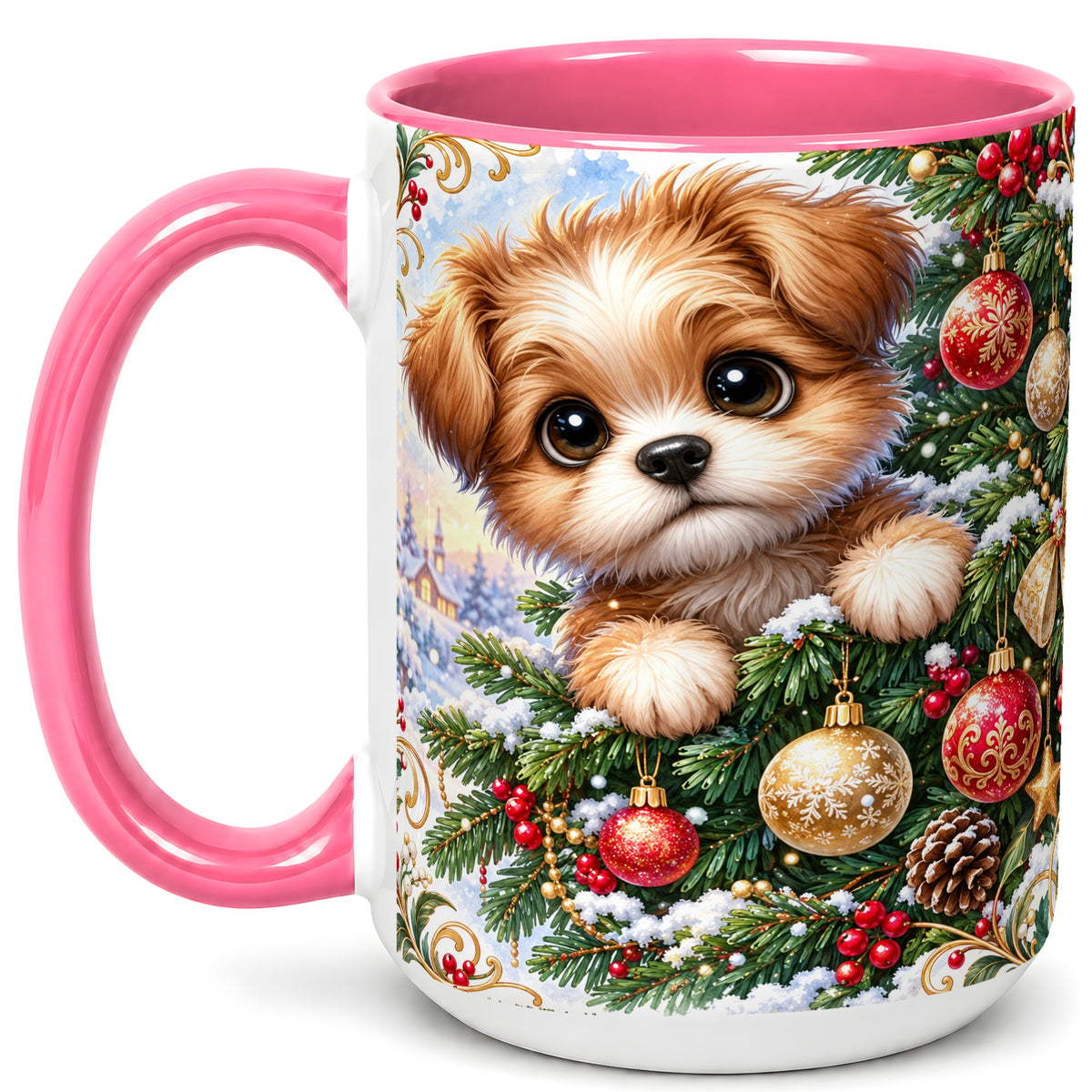 #pl[15oz|Pink] Christmas Puppy Coffee Mug, Festive Dog Mug, Ceramic Cup
