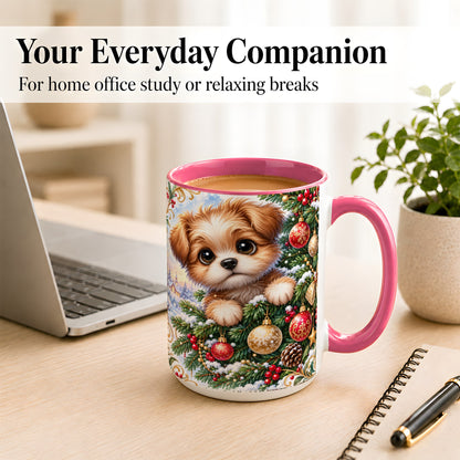 #pl[15oz|Pink] Christmas Puppy Coffee Mug, Festive Dog Mug, Ceramic Cup