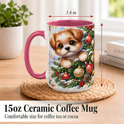 #pl[15oz|Pink] Christmas Puppy Coffee Mug, Festive Dog Mug, Ceramic Cup