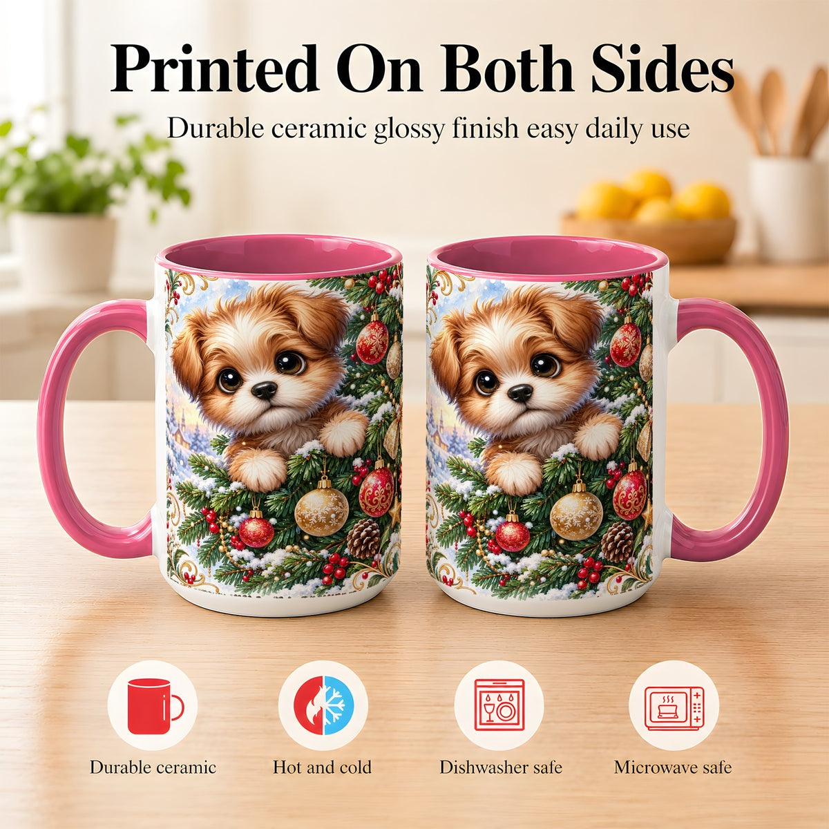#pl[15oz|Pink] Christmas Puppy Coffee Mug, Festive Dog Mug, Ceramic Cup