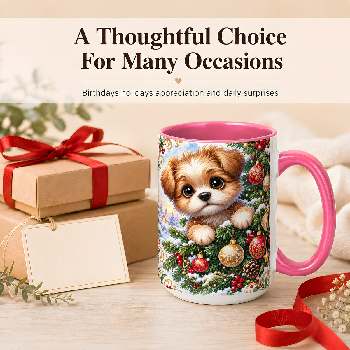 #pl[15oz|Pink] Christmas Puppy Coffee Mug, Festive Dog Mug, Ceramic Cup