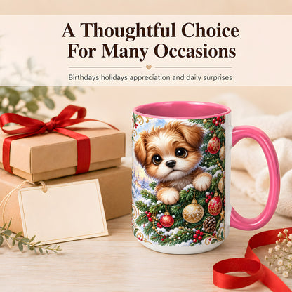 #pl[15oz|Pink] Christmas Puppy Coffee Mug, Festive Dog Mug, Ceramic Cup