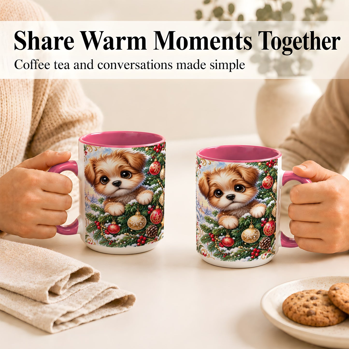 #pl[15oz|Pink] Christmas Puppy Coffee Mug, Festive Dog Mug, Ceramic Cup