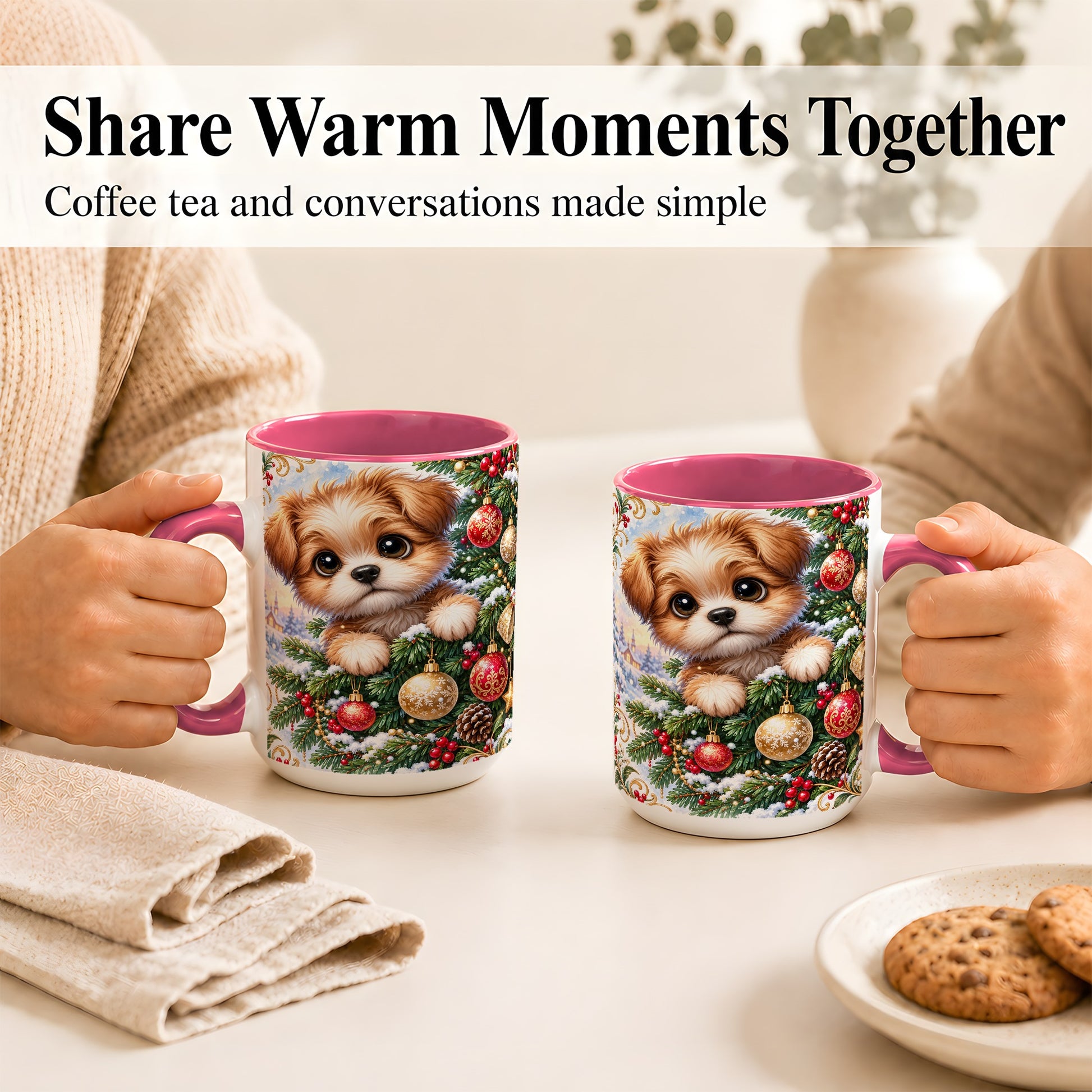 #pl[15oz|Pink] Christmas Puppy Coffee Mug, Festive Dog Mug, Ceramic Cup