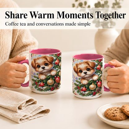 #pl[15oz|Pink] Christmas Puppy Coffee Mug, Festive Dog Mug, Ceramic Cup
