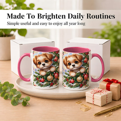 #pl[15oz|Pink] Christmas Puppy Coffee Mug, Festive Dog Mug, Ceramic Cup