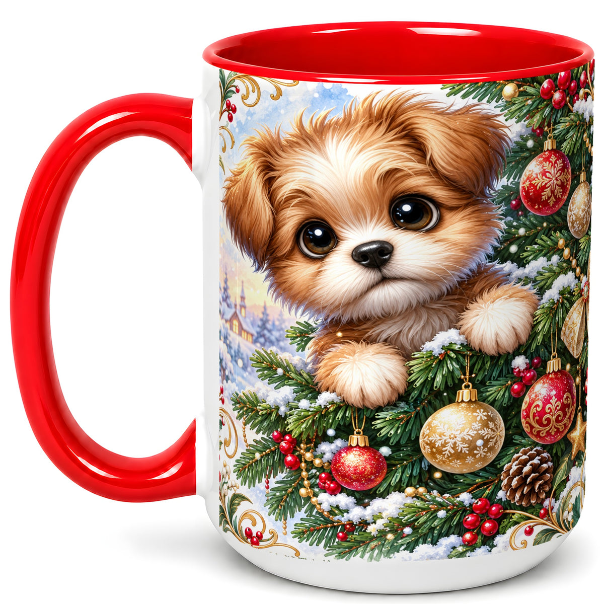 #pl[15oz|Red] Christmas Puppy Coffee Mug, Festive Dog Mug, Ceramic Cup