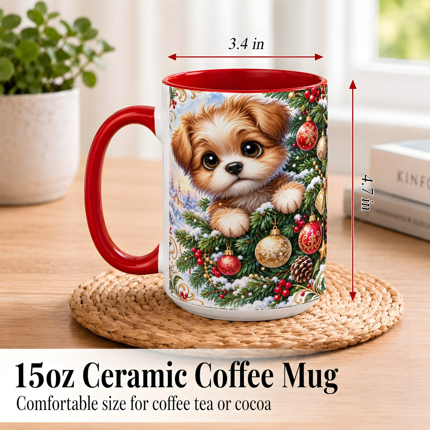 #pl[15oz|Red] Christmas Puppy Coffee Mug, Festive Dog Mug, Ceramic Cup