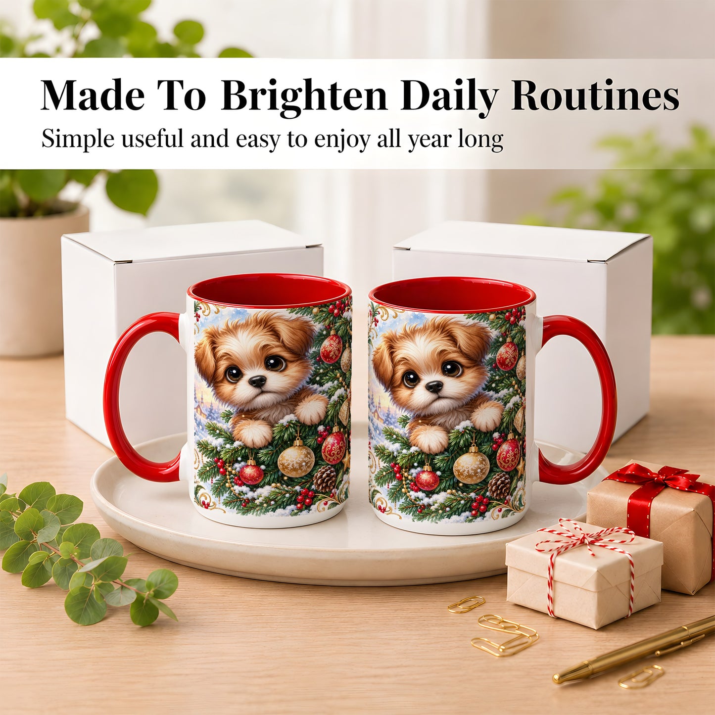 #pl[15oz|Red] Christmas Puppy Coffee Mug, Festive Dog Mug, Ceramic Cup