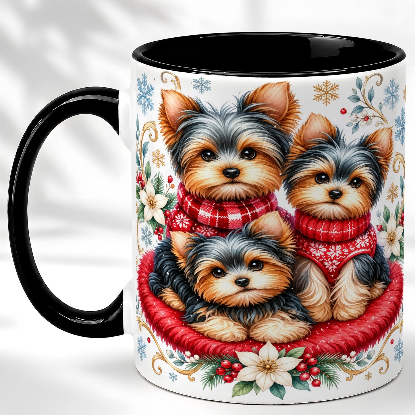 #pl[11oz|Black] Yorkshire Terrier Trio Coffee Mug, Christmas Dog Mug, Ceramic Cup