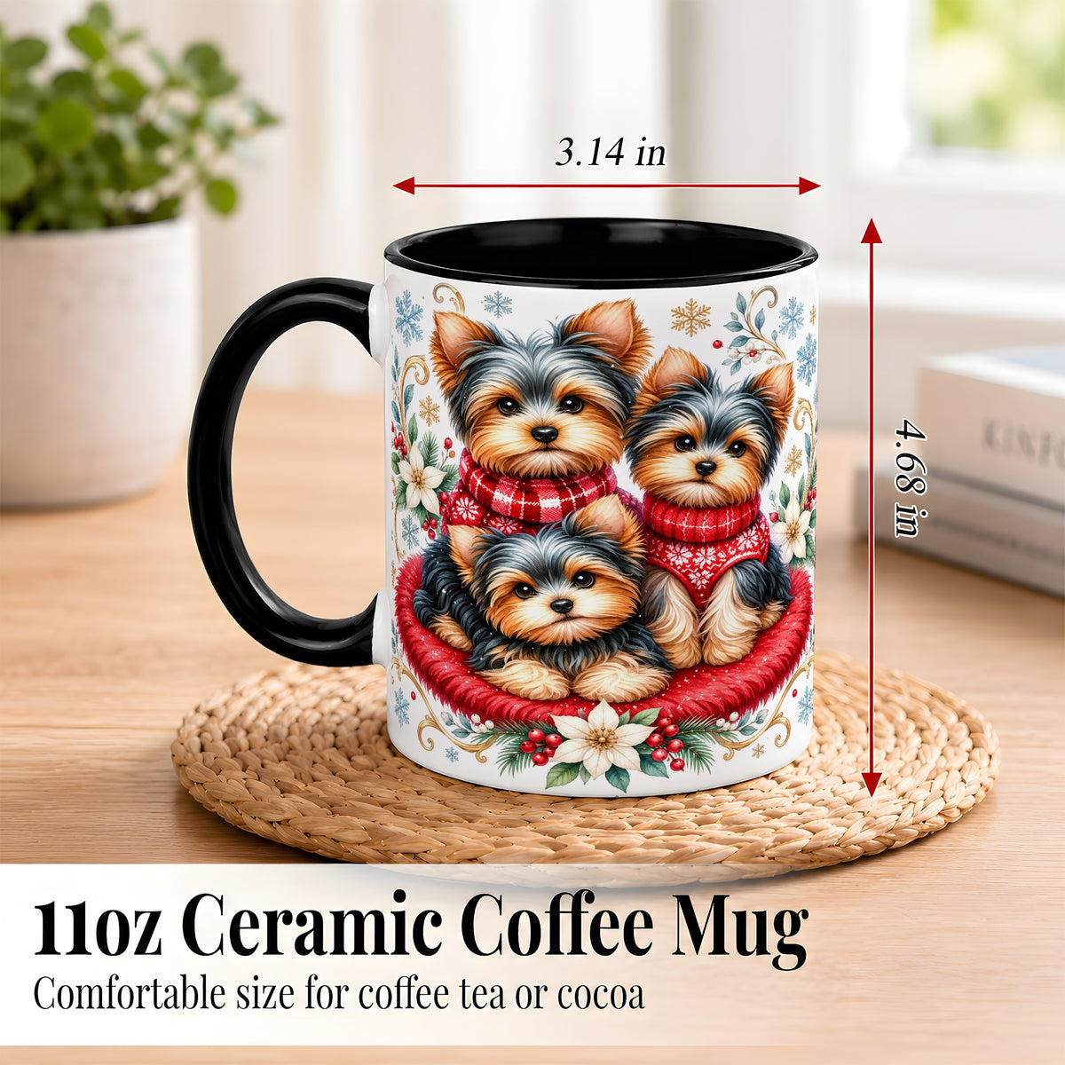 #pl[11oz|Black] Yorkshire Terrier Trio Coffee Mug, Christmas Dog Mug, Ceramic Cup